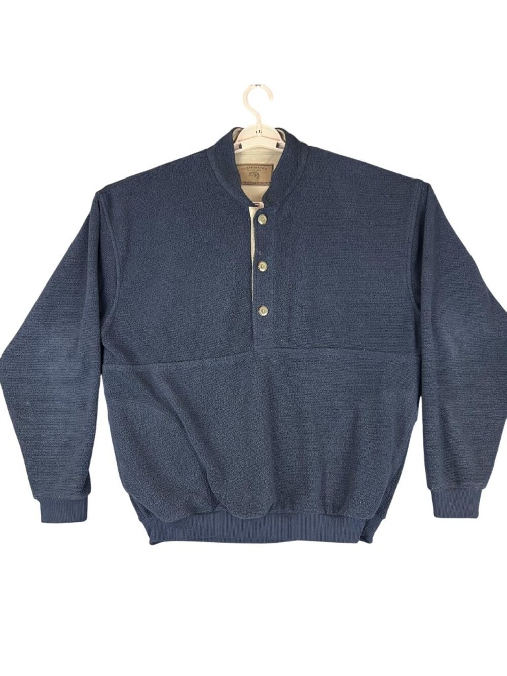Mens Large Navy Blue 1/4 Button Fleece Pullover Warm Casual Preppy Minimalist